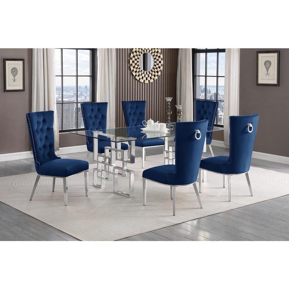 7-piece glam dining set with 6 navy blur chairs and a 79″ long glass  table