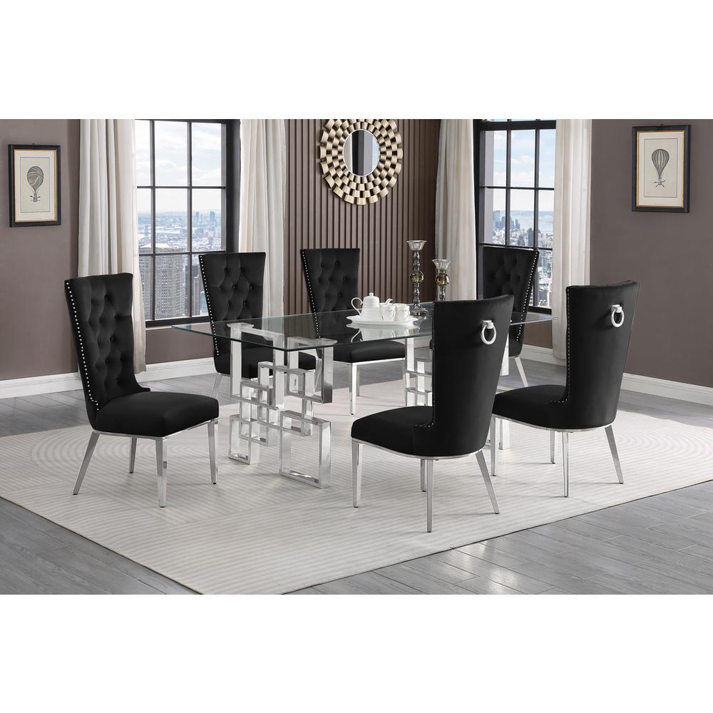 7-piece glam dining set with 6 black chairs and a 79″ long glass  table