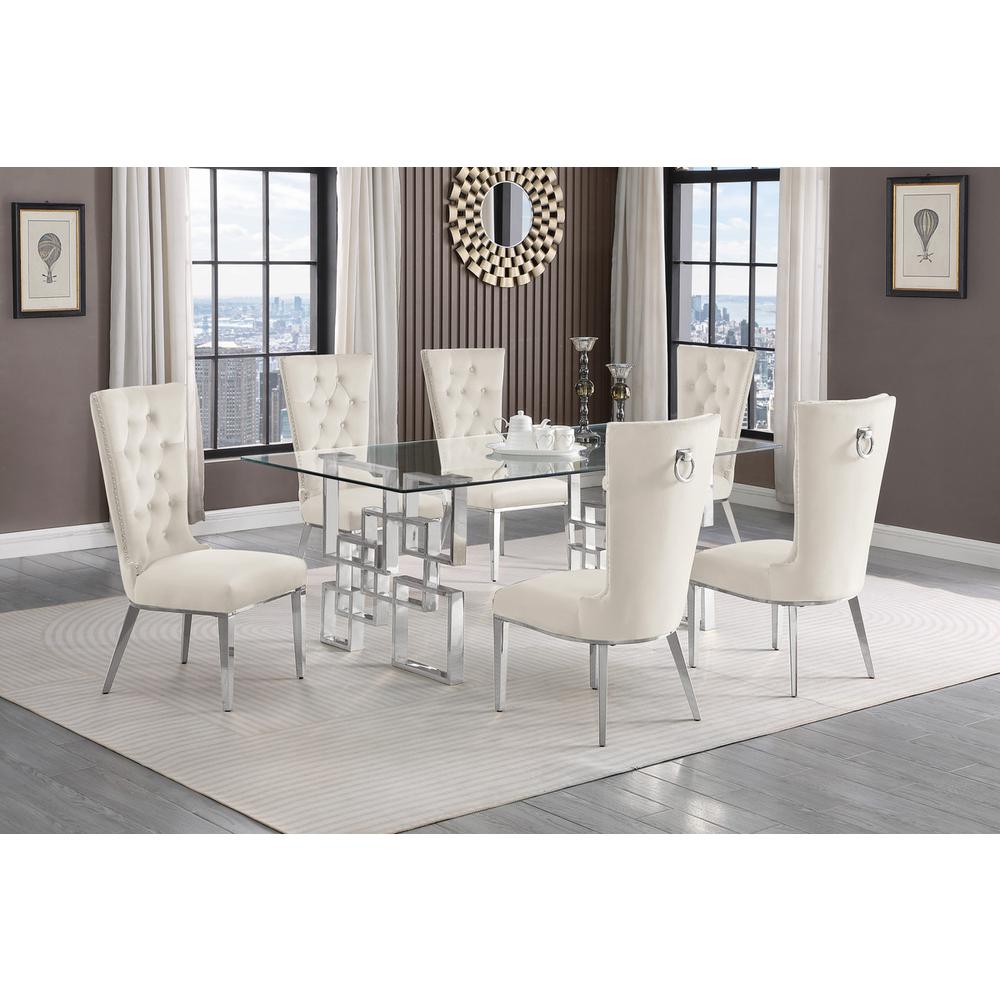 7-piece glam dining set with 6 cream chairs and a 79″ long glass dinng table