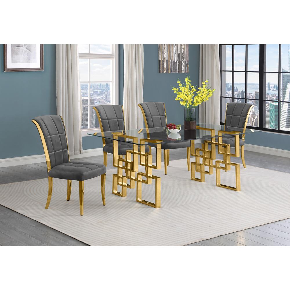 5-piece glam dining set with 4 dark grey chairs and a 79″ long glass  table