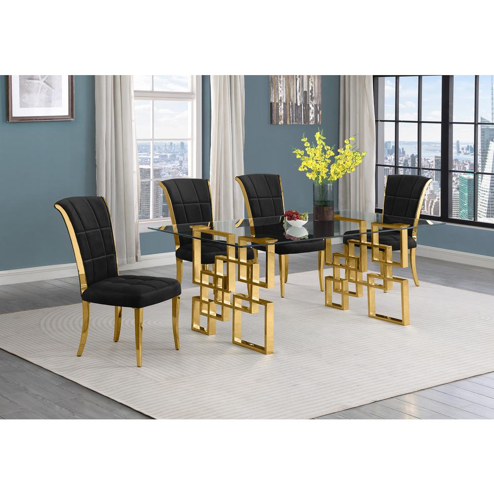 5-piece glam dining set with 4 black chairs and a 79″ long glass  table