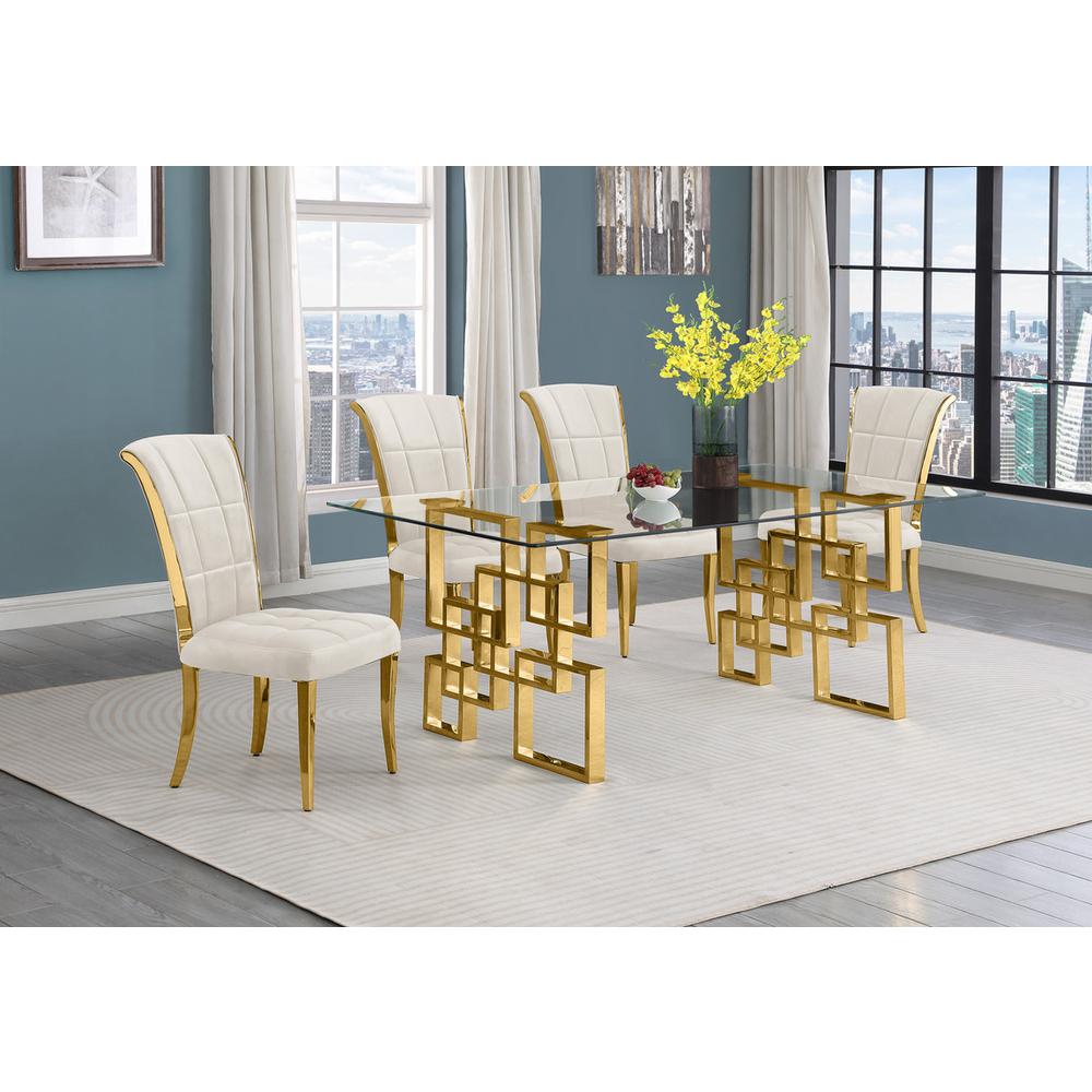 5-piece glam dining set with 4 cream chairs and a 79″ long glass  table