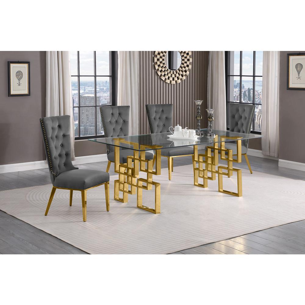 5-piece glam dining set with 4 dark grey chairs and a 79″ long glass  table
