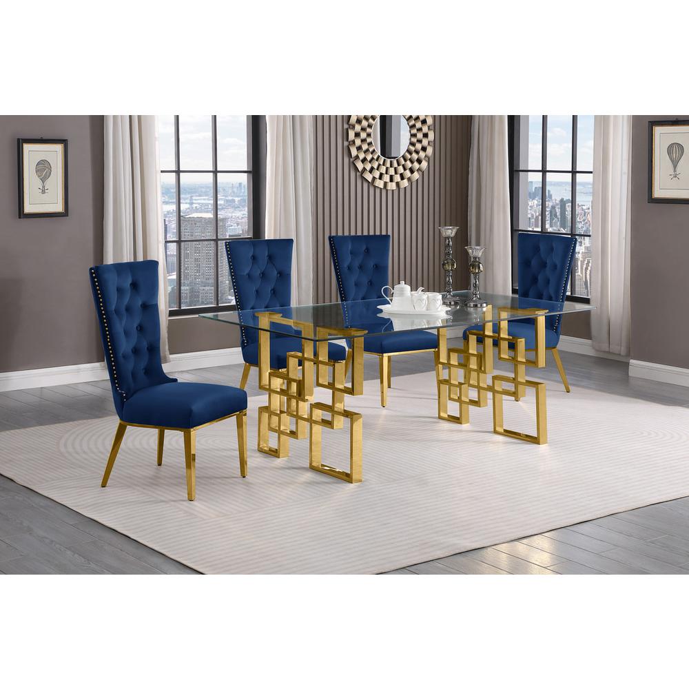 5-piece glam dining set with 4 navy blue chairs and a 79″ long glass  table