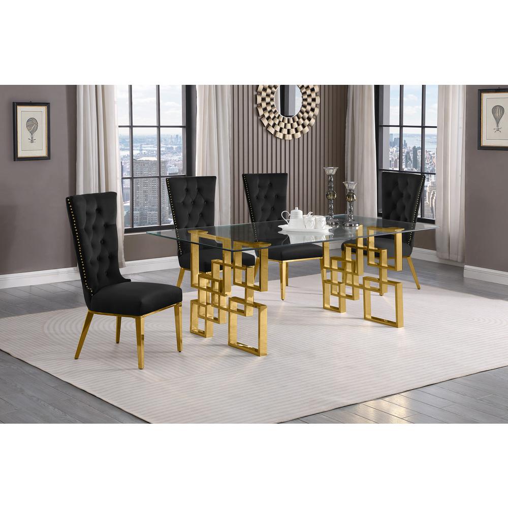 5-piece glam dining set with 4 black chairs and a 79″ long glass  table