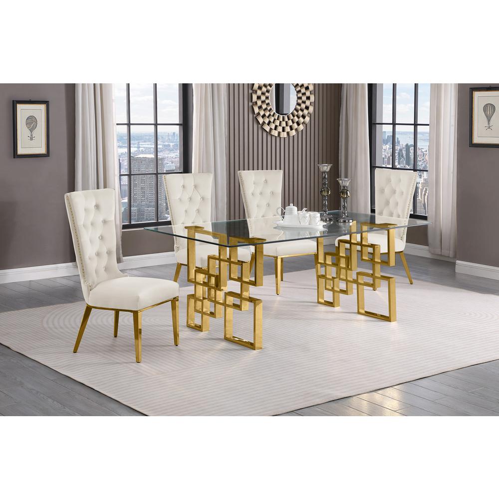 5-piece glam dining set with 4 cream side chiars and a 79″ long glass  table