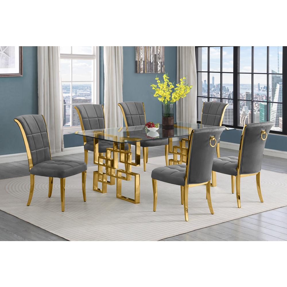7-piece glam dining set with 6 dark grey chairs and a 79″ long glass  table