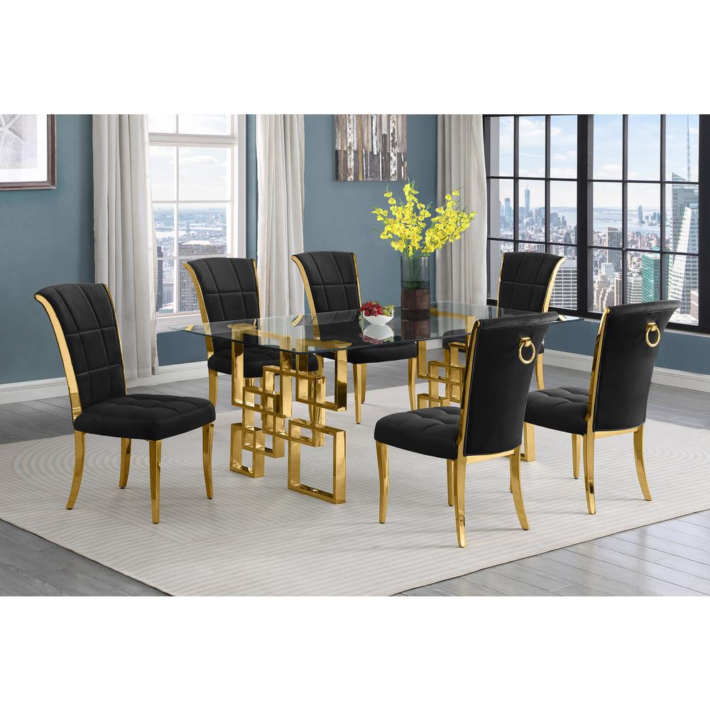 7-piece glam dining set with 6 black chairs and a 79″ long glass  table