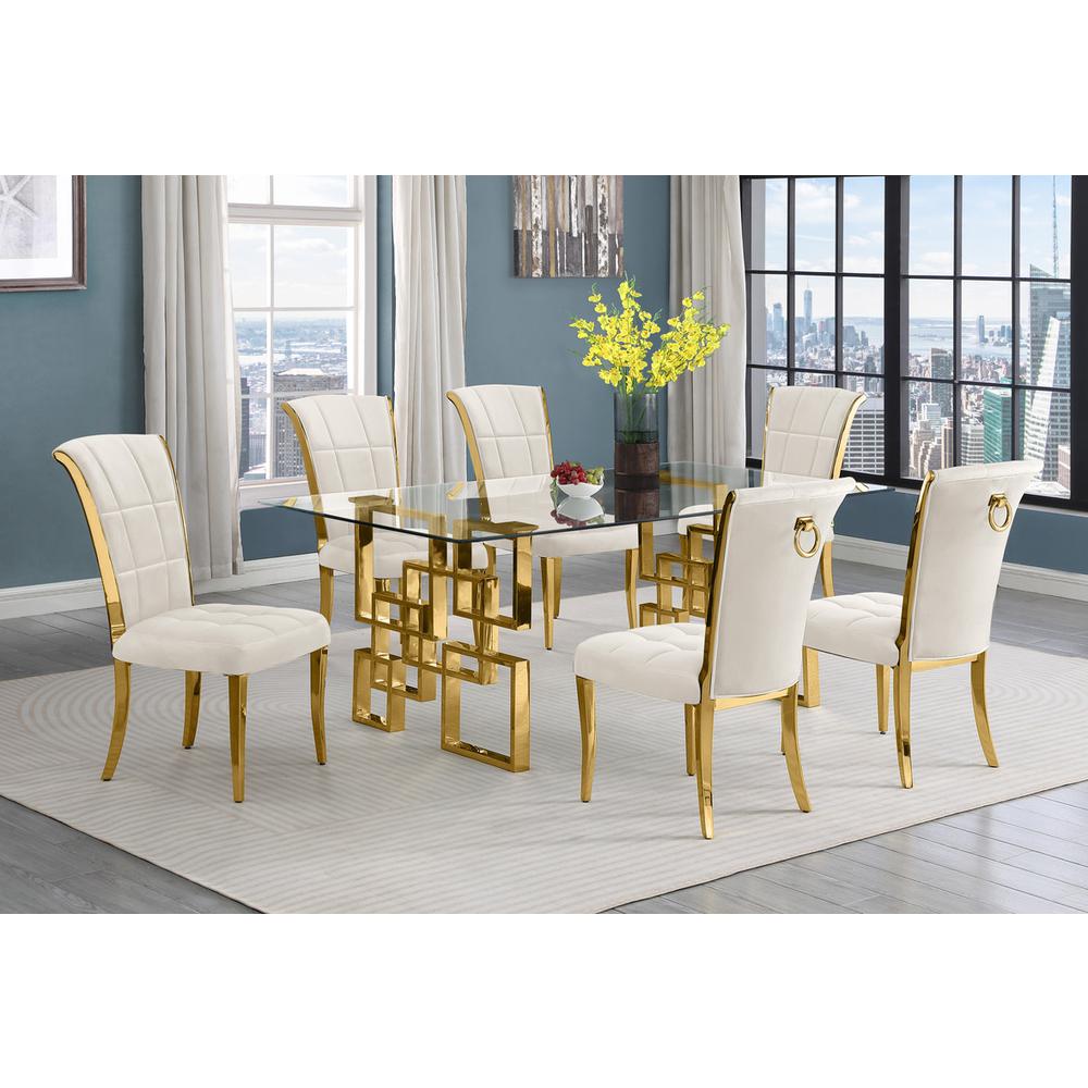 7-piece glam dining set with 6 cream chairs and a 79″ long glass  table