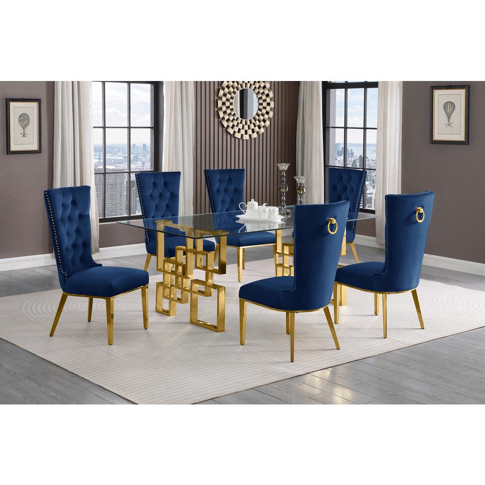 7-piece glam dining set with 6 navy blue chairs and a 79″ long glass  table