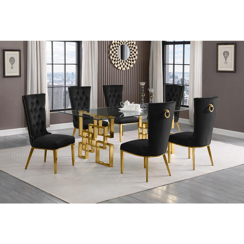 7-piece glam dining set with 6 black chairs and a 79″ long glass  table