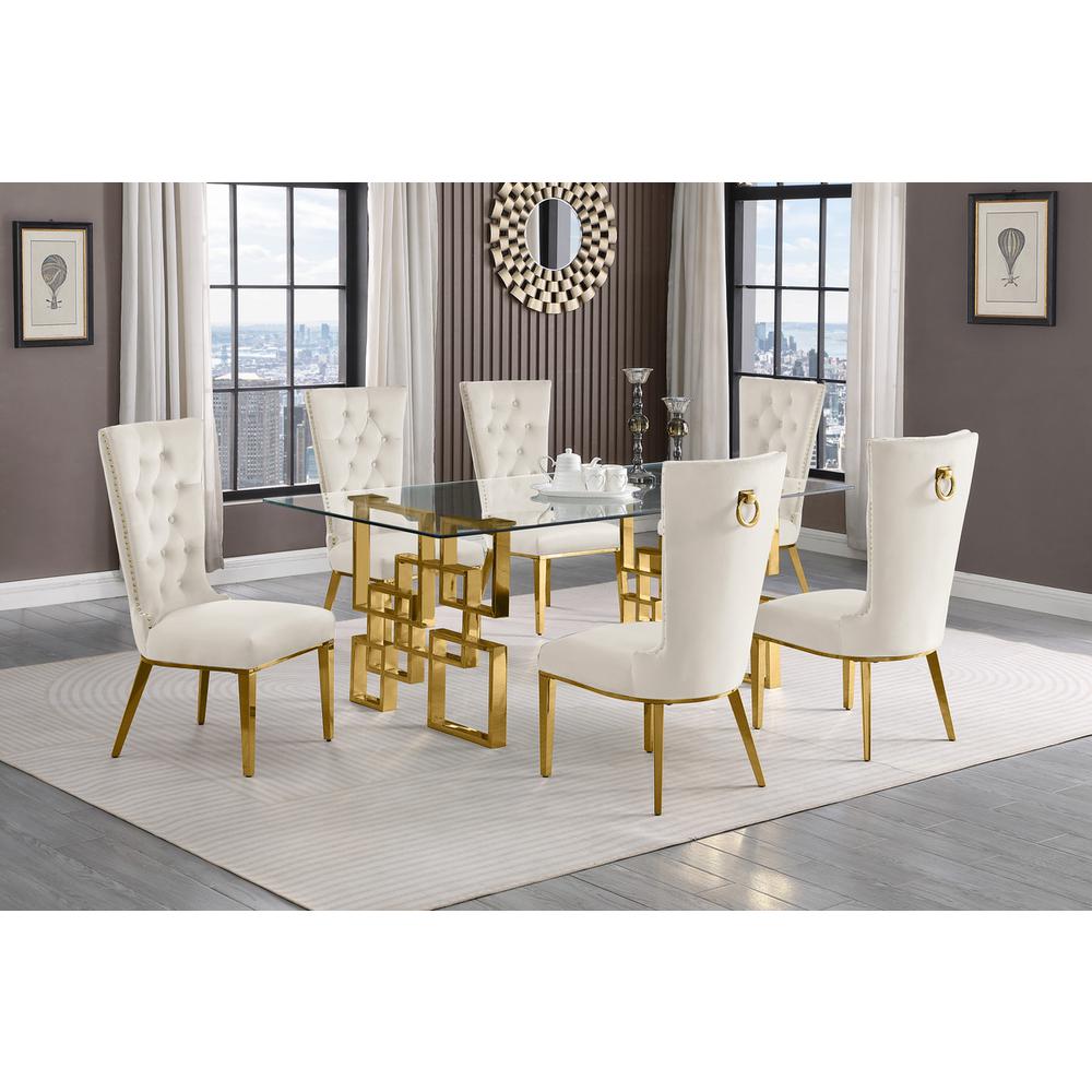7-piece glam dining set with 6 cream chairs and a 79″ long glass  table