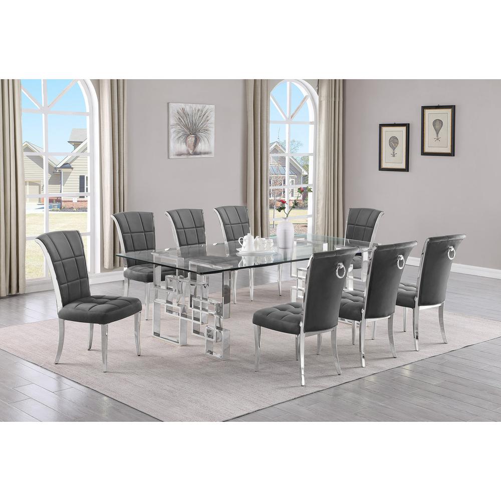 9-piece glam dining set with 8 dark grey chairs and a 95″ long glass  table