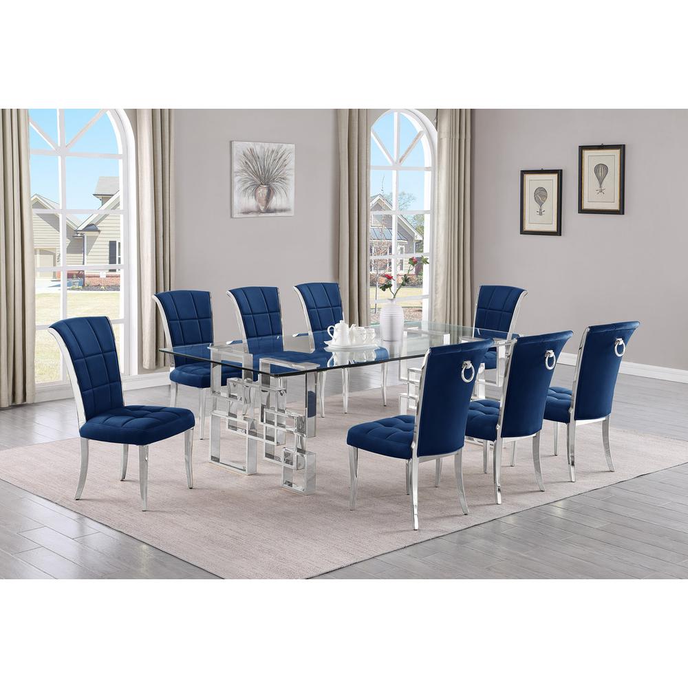 9-piece glam dining set with 8 navy blue chairs and a 95″ long glass  table