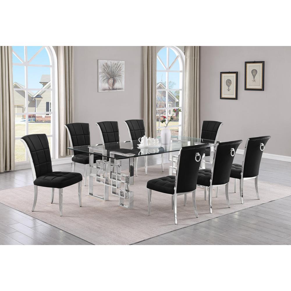 9-piece glam dining set with 8 black chairs and l 95″ long glass  table