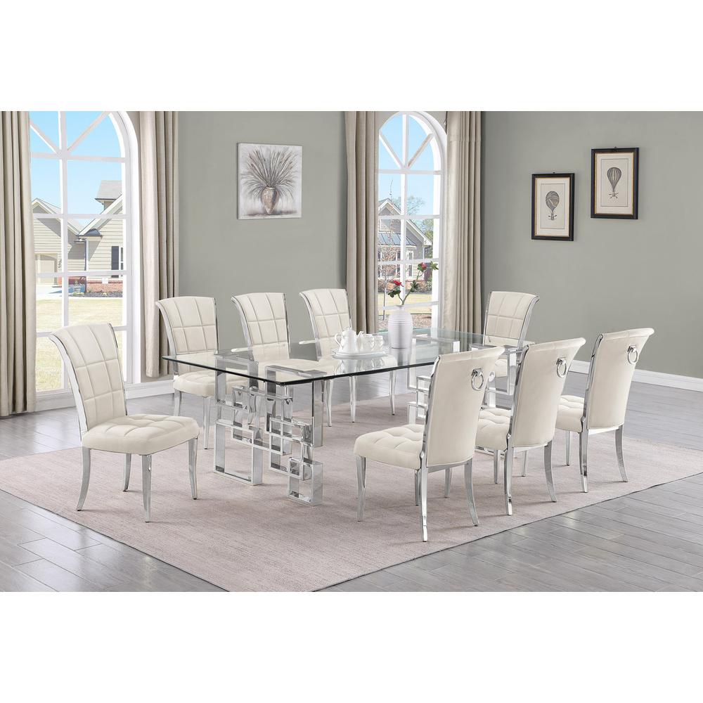 9-piece glam dining set with 8 cream chairs and r 95″ long glass  table