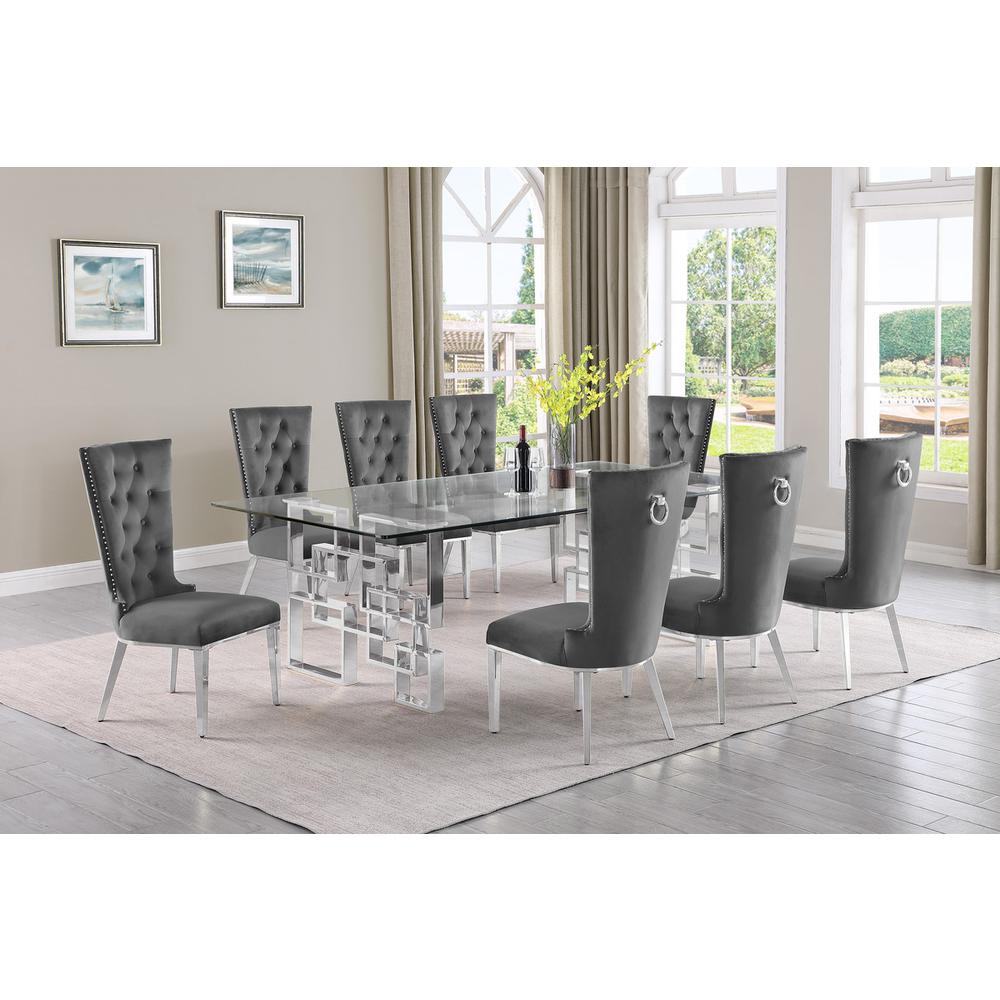 9-piece glam dining set with 8 dark grey chairs and a 95″ long glass  table