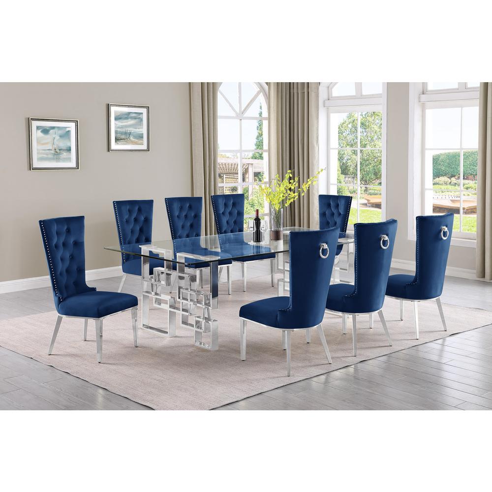 9-piece glam dining set with 8 navy blue chairs and a 95″ long glass  table