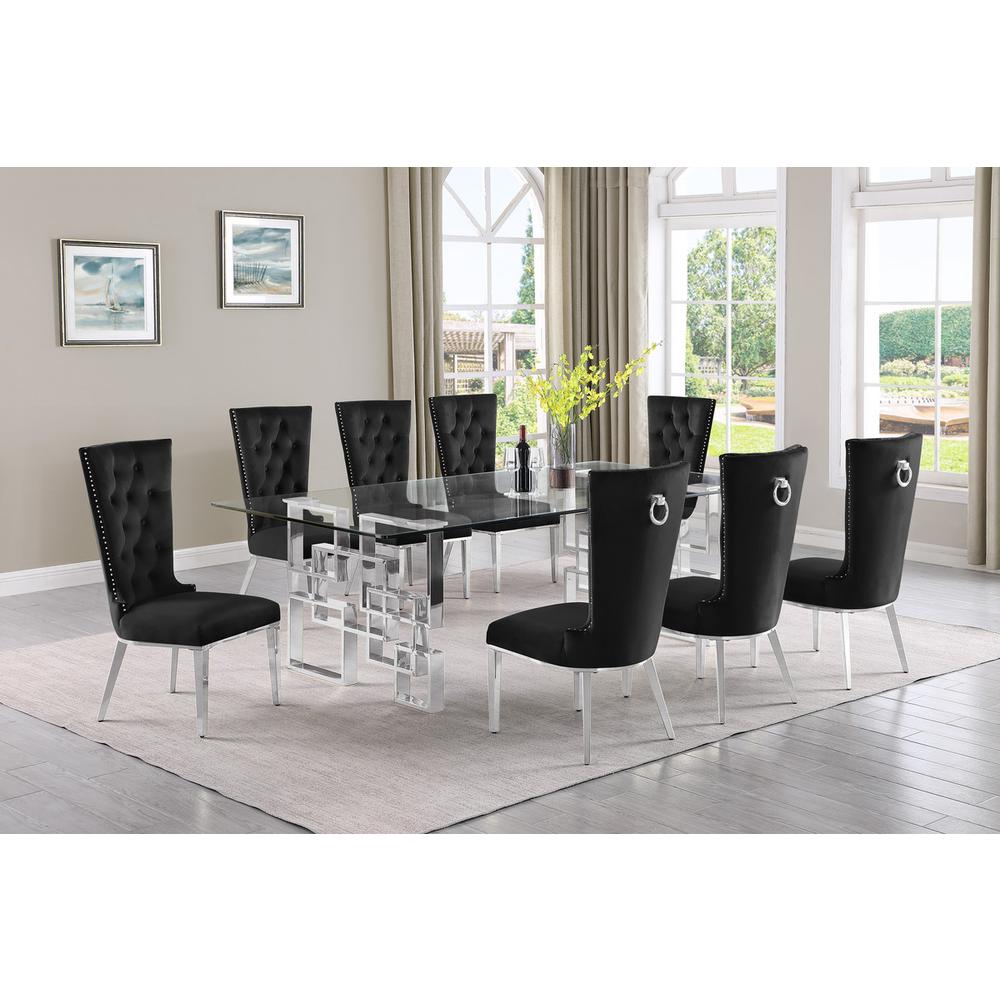 9-piece glam dining set with 8 black chairs and a 95″ long glass  table