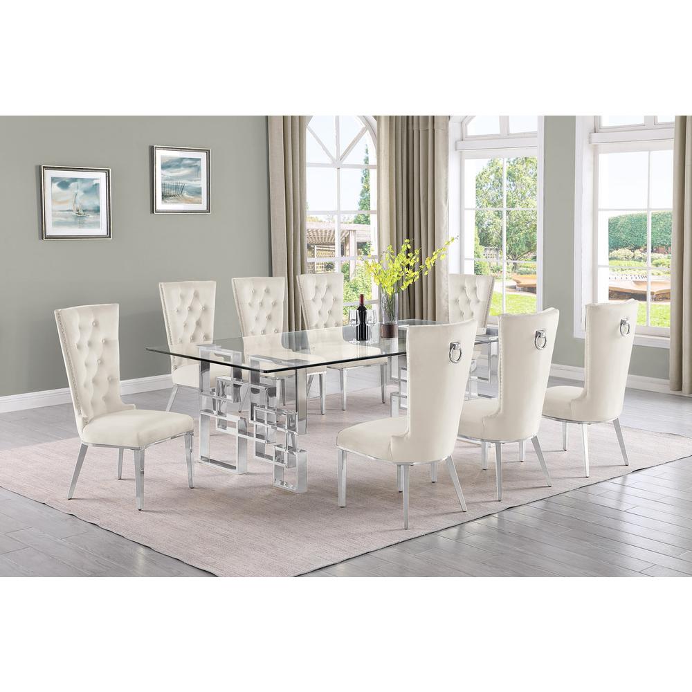 9-piece glam dining set with 8 cream chairs and a 95″ long glass  table