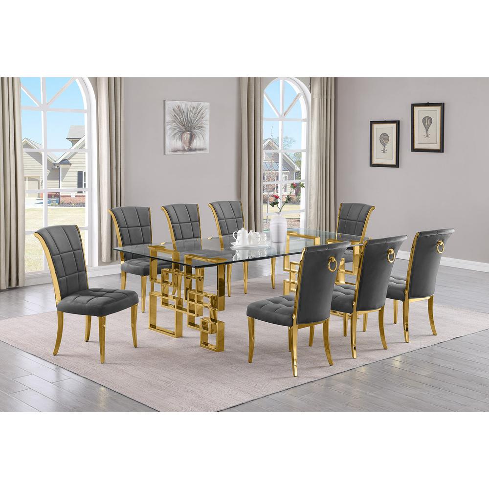 9-piece glam dining set with 8 dark grey chairs and a 95″ long glass  table