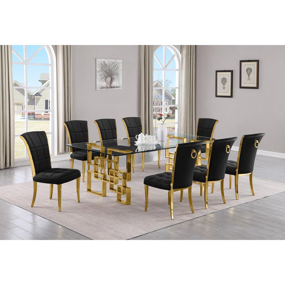 9-piece glam dining set with 8 black chairs and a 95″ long glass  table