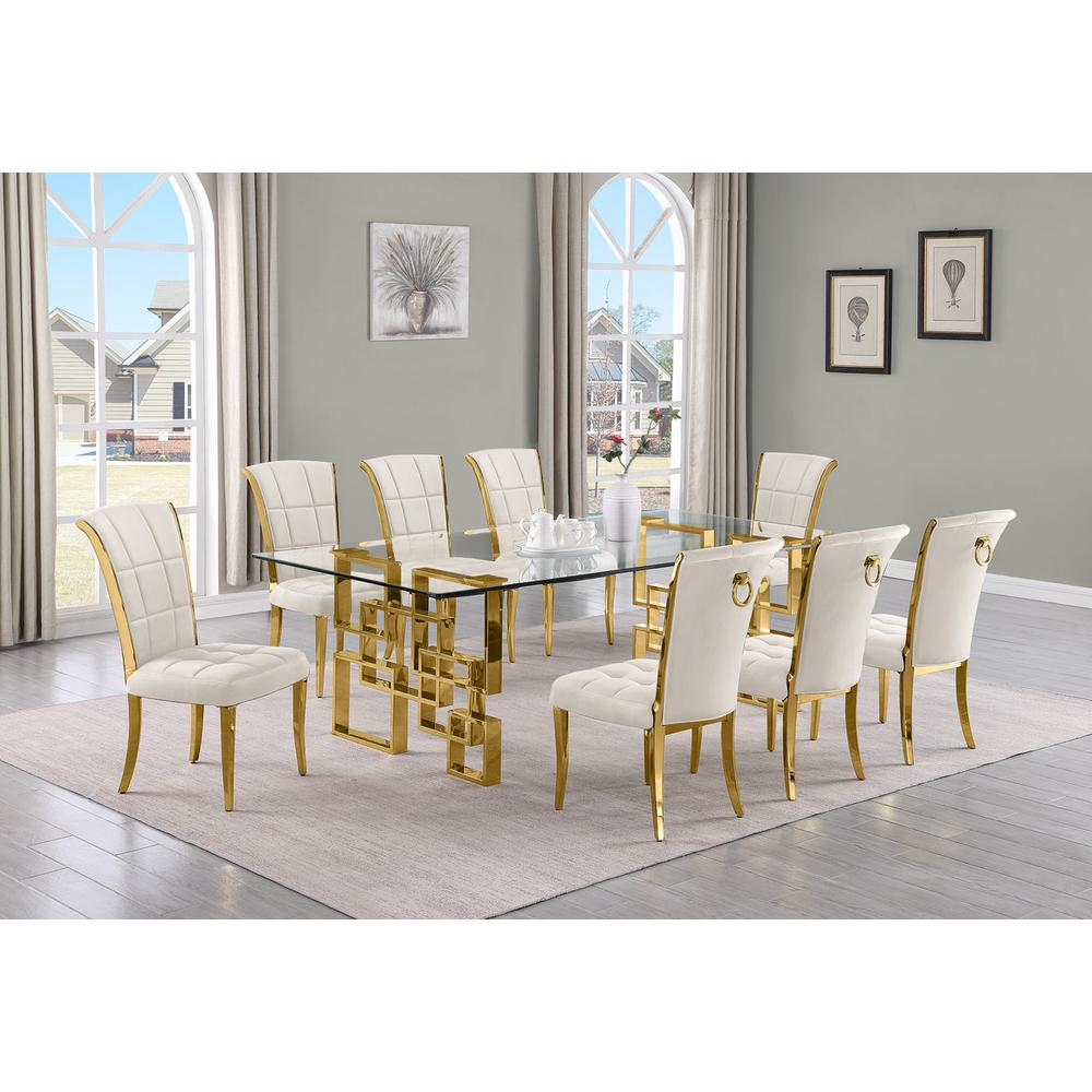 9-piece glam dining set with 8 cream chairs and a 95″ long glass  table