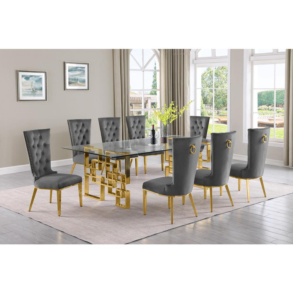 9-piece glam dining set with 8 dark grey chairs and a 95″ long glass  table