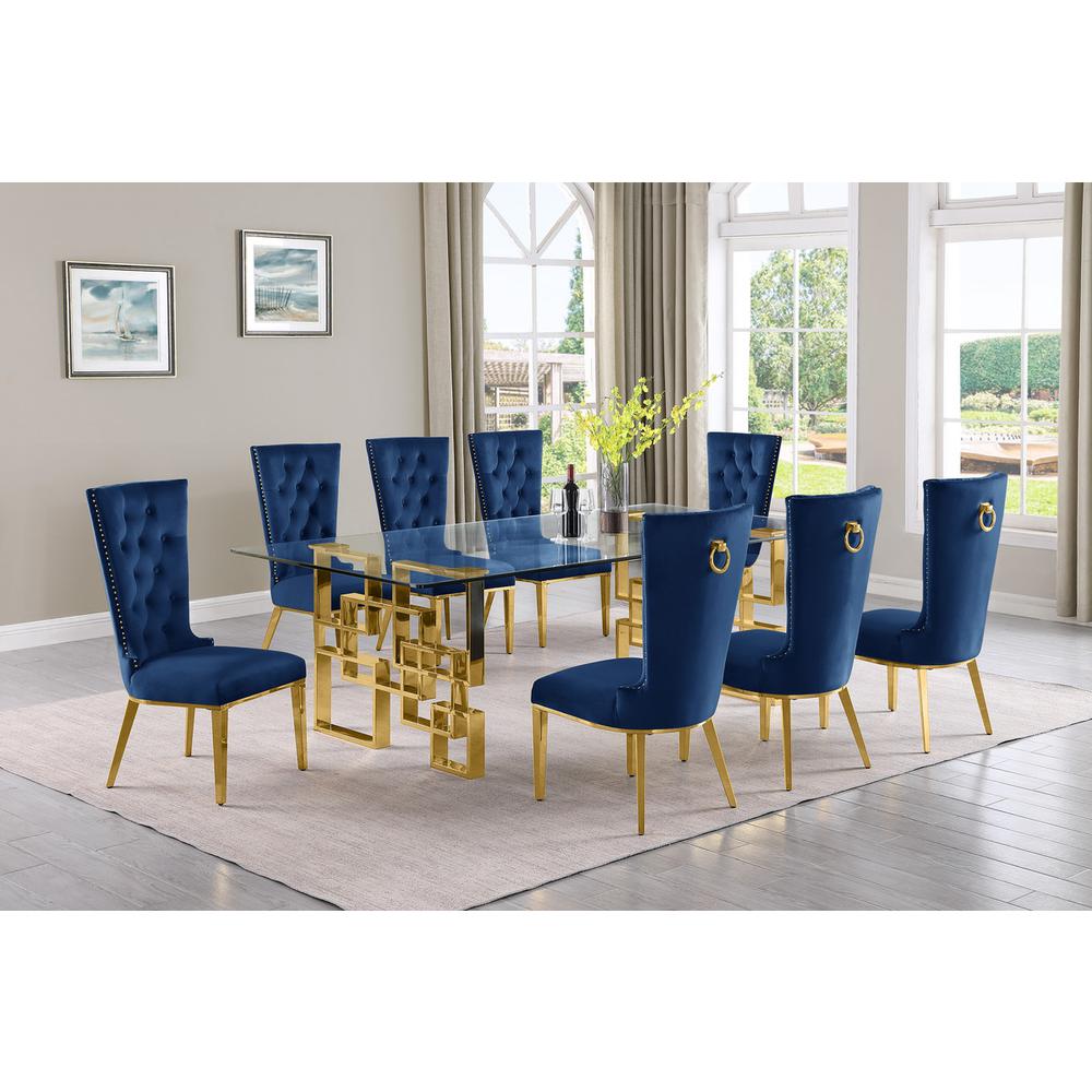 9-piece glam dining set with 8 navy blue chairs and a 95″ long glass  table
