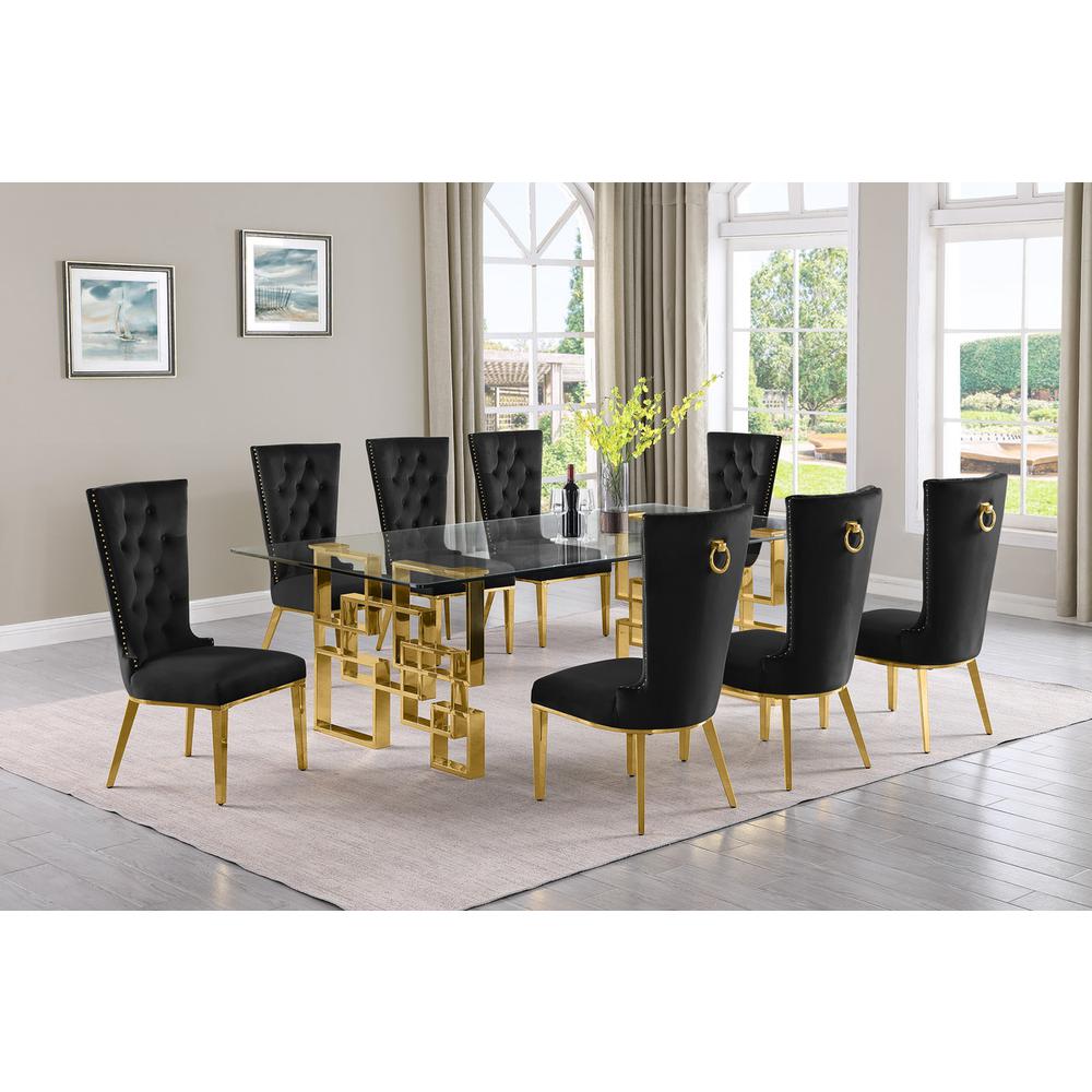 9-piece glam dining set with 8 black chairs and a 95″ long glass  table
