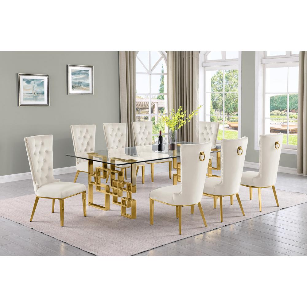 9-piece glam dining set with 8 cream chairs and a 95″ long glass  table