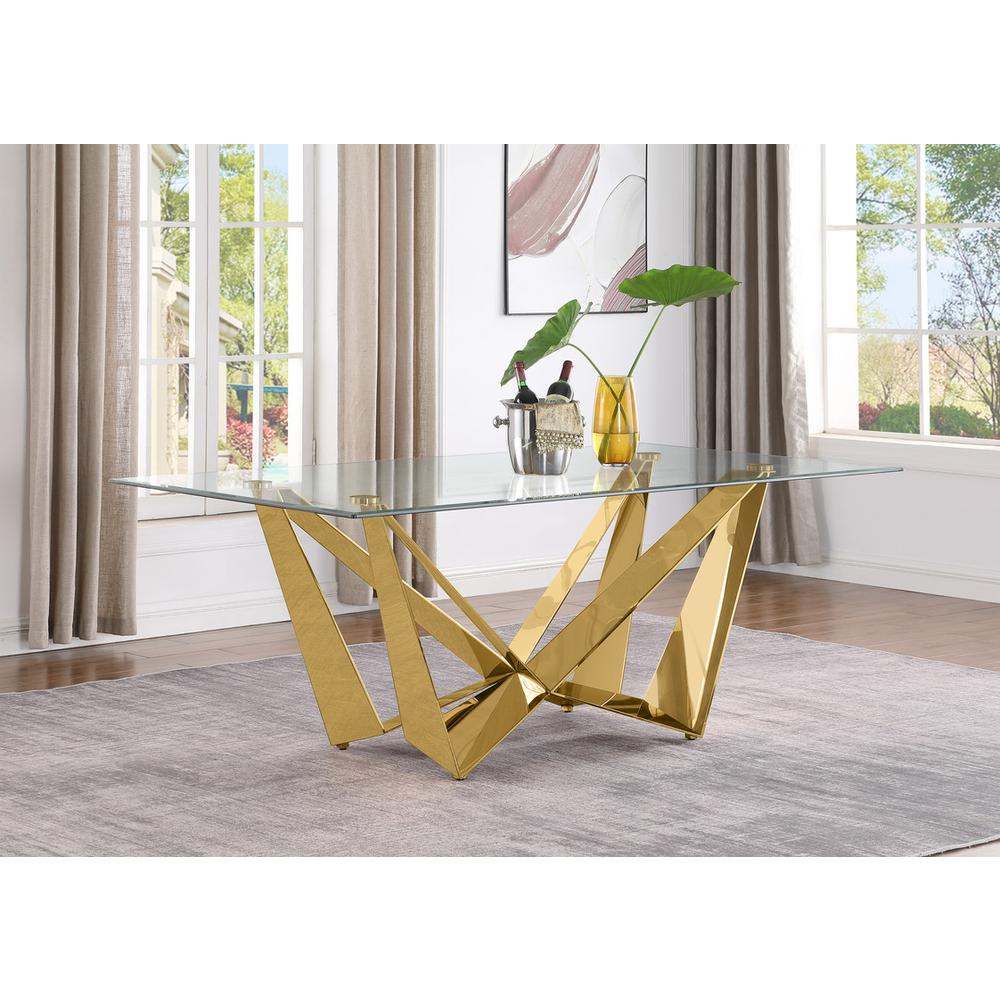 7pc Small(78″) glass dining set with gold base and 6 Navy blue side chairs