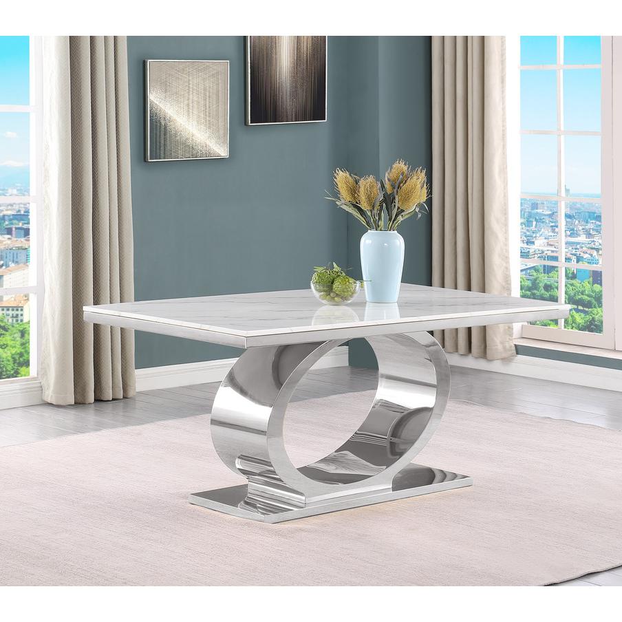 7pc Large(68″) marble top dining set with silver base and 6 Navy blue chairs
