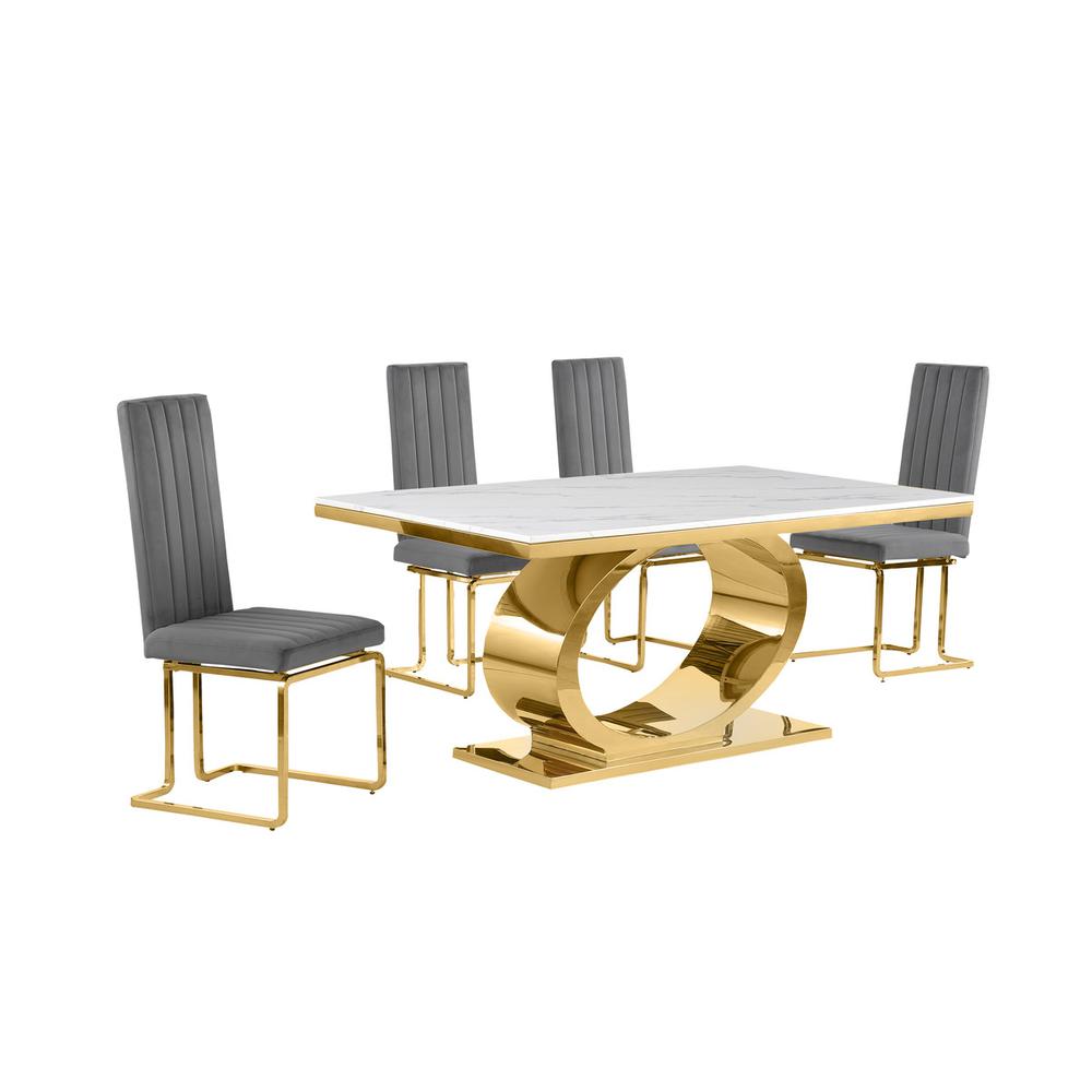 5pc Small(68″) marble top dining set with gold base and 4 Dark grey side chairs