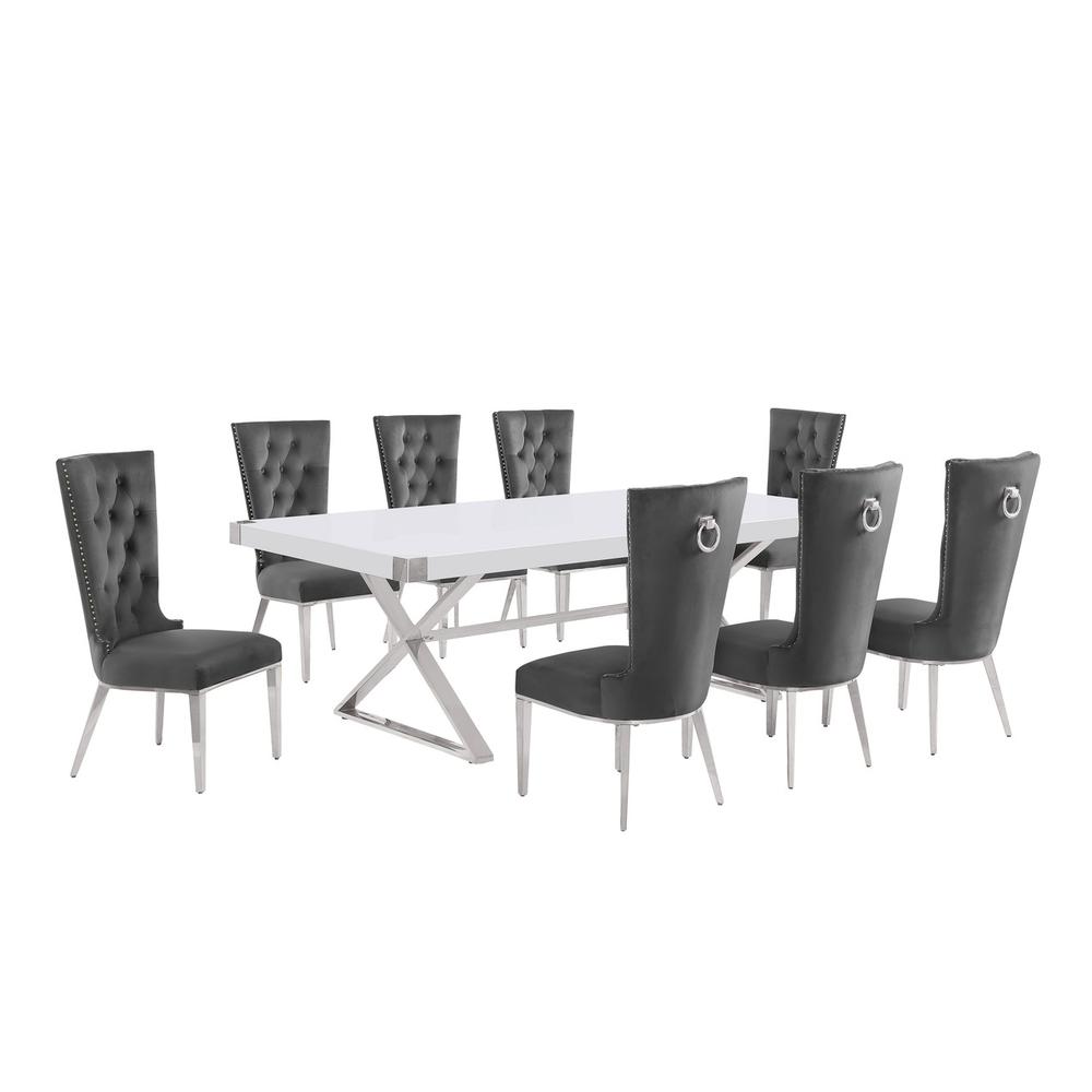 9pc Large(94″) white wood top dining set with gold base and 8 chairs