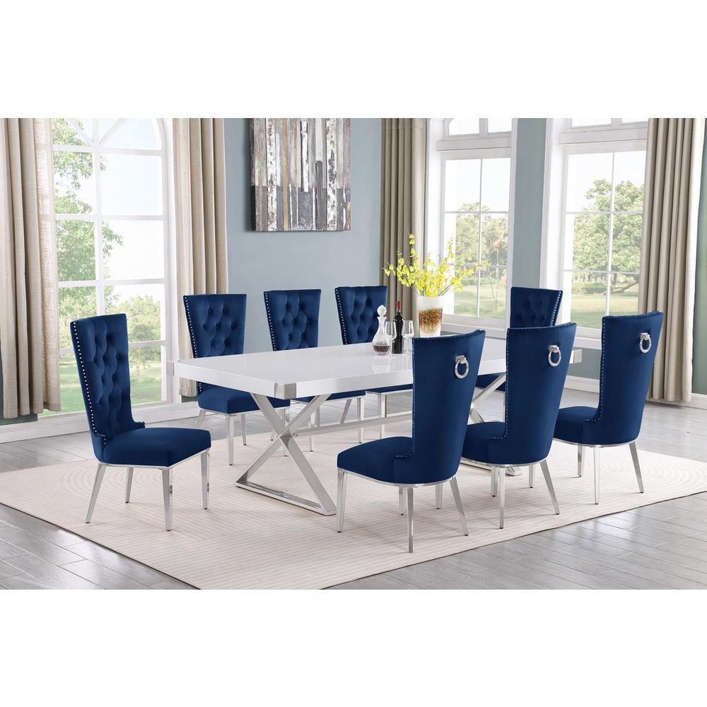 9pc Large(94″) white wood top dining set with gold base and 8 chairs