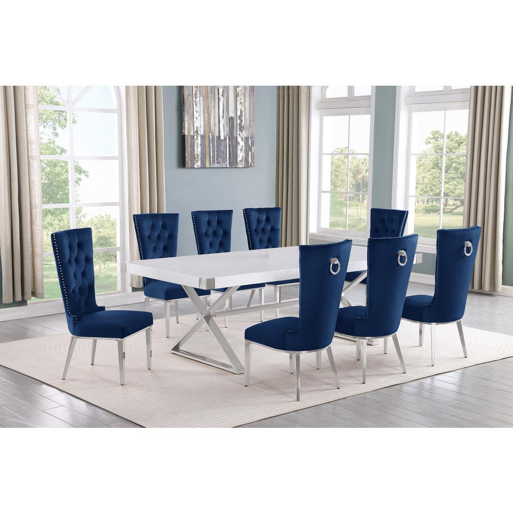 9pc Large(94″) white wood top dining set with gold base and 8 chairs