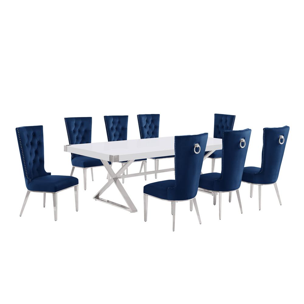 9pc Large(94″) white wood top dining set with gold base and 8 chairs