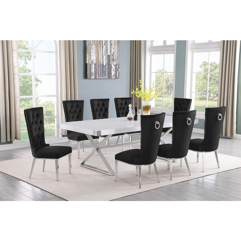 9pc Large(94″) white wood top dining set with gold base and 8 Black side chairs