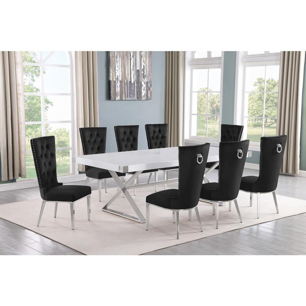 9pc Large(94″) white wood top dining set with gold base and 8 Black side chairs