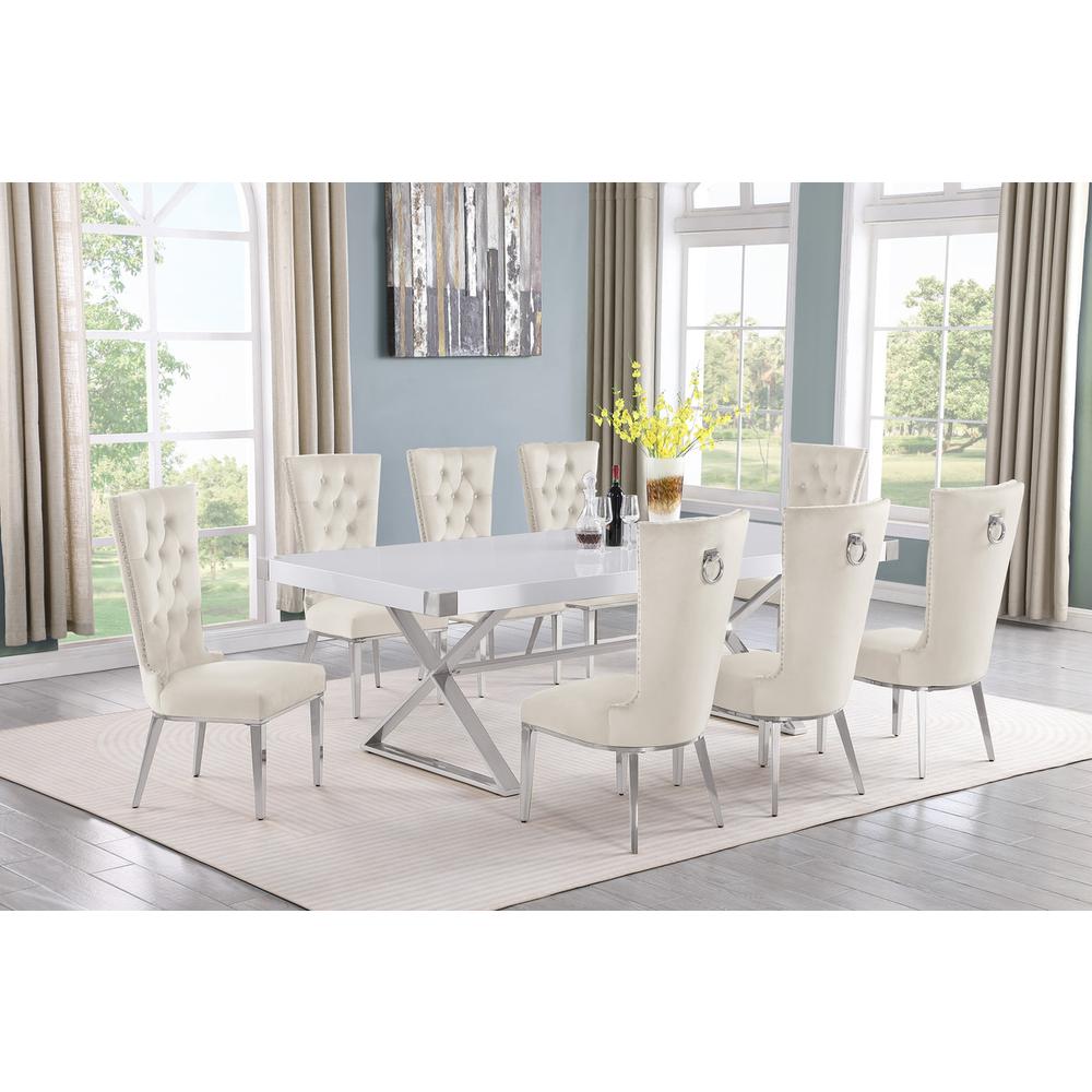 9pc Large(94″) white wood top dining set with gold base and 8 Cream side chairs