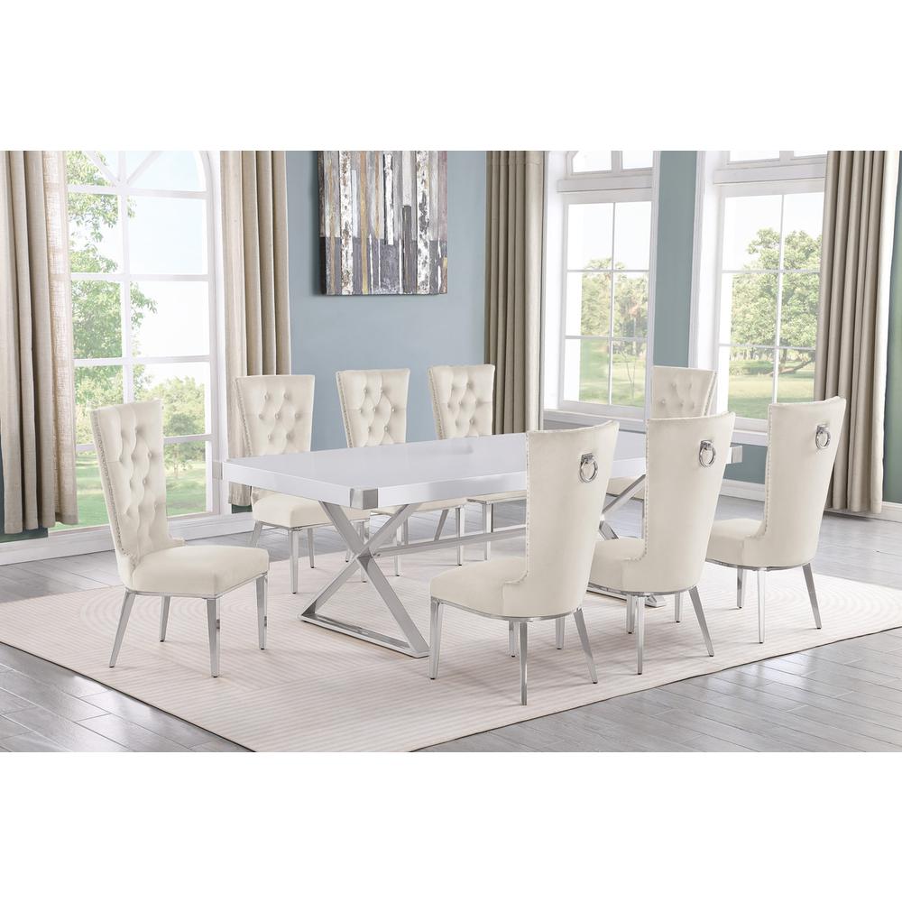 9pc Large(94″) white wood top dining set with gold base and 8 Cream side chairs