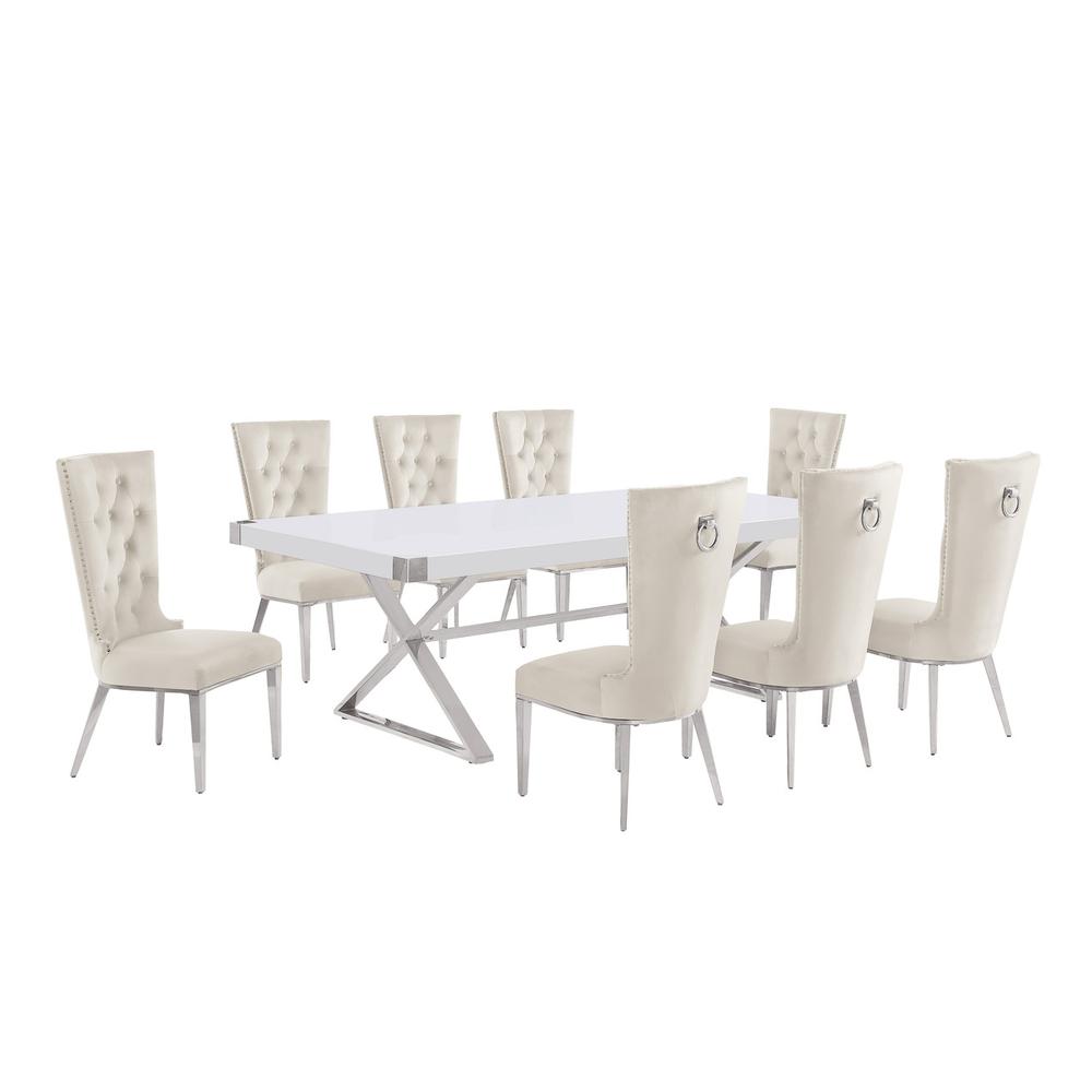 9pc Large(94″) white wood top dining set with gold base and 8 Cream side chairs