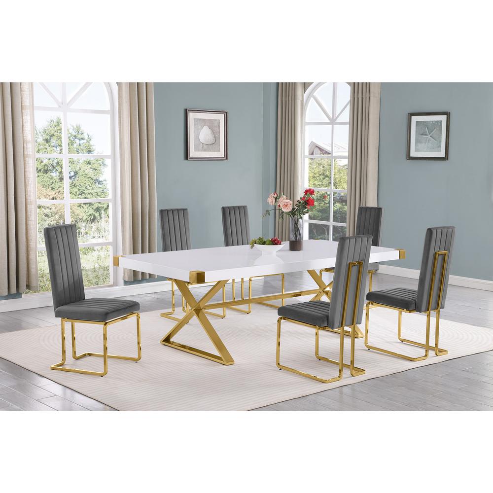 7pc Large(94″) white wood top dining set with gold base and 6 chairs