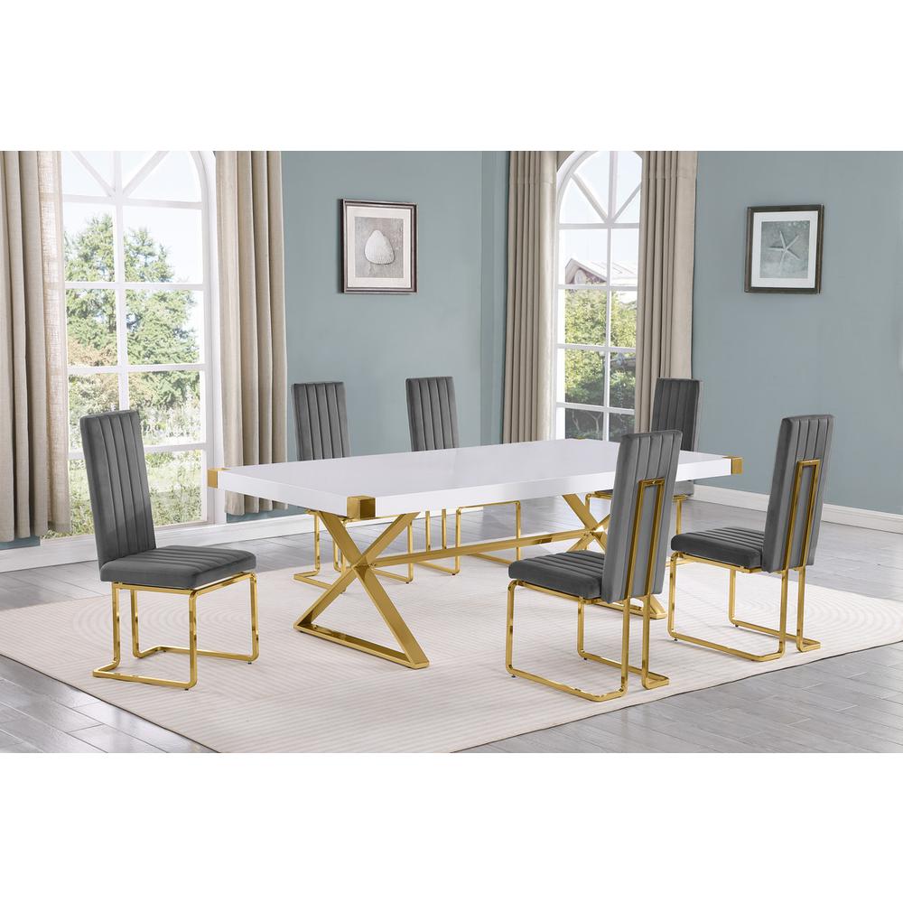 7pc Large(94″) white wood top dining set with gold base and 6 chairs