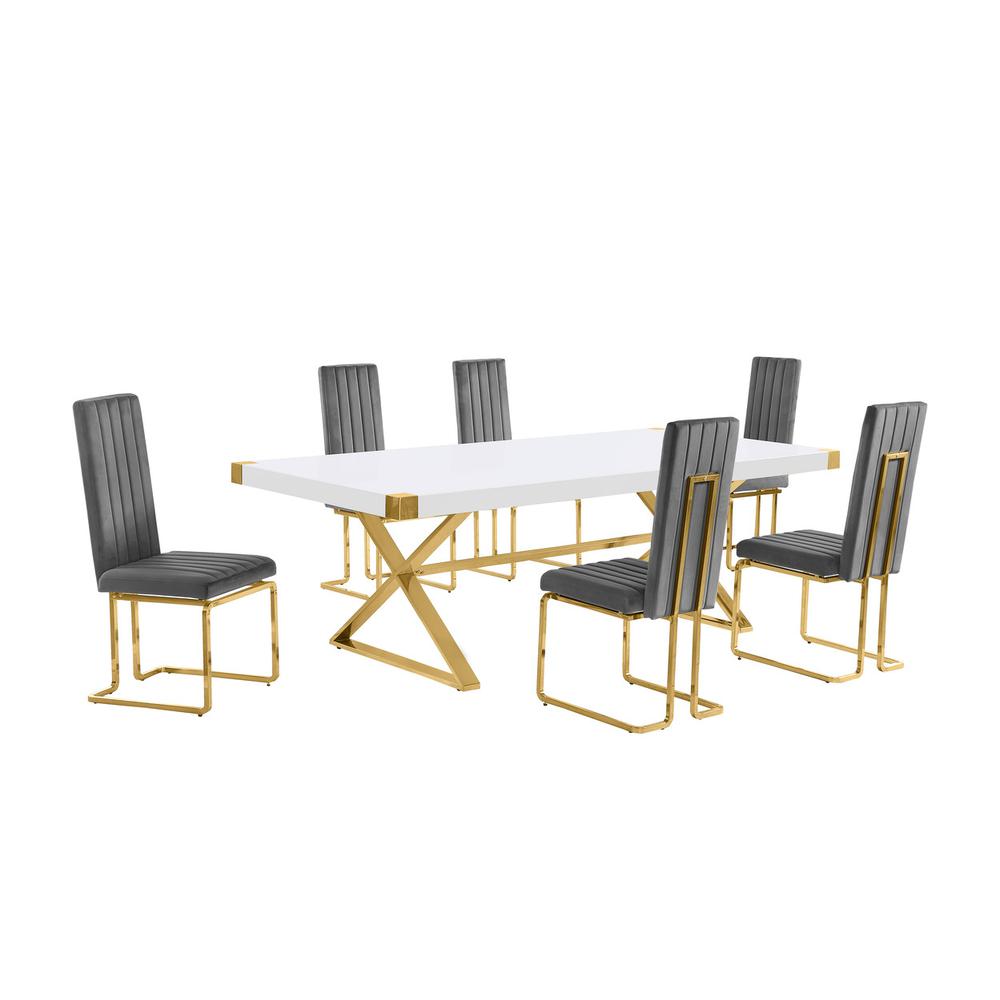 7pc Large(94″) white wood top dining set with gold base and 6 chairs