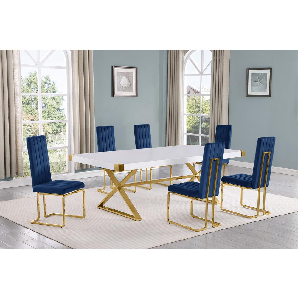 7pc Large(94″) white wood top dining set with gold base and 6 chairs