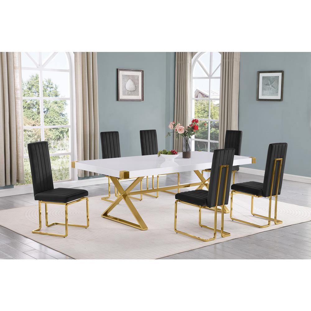 7pc Large(94″) white wood top dining set with gold base and 6 Black side chairs