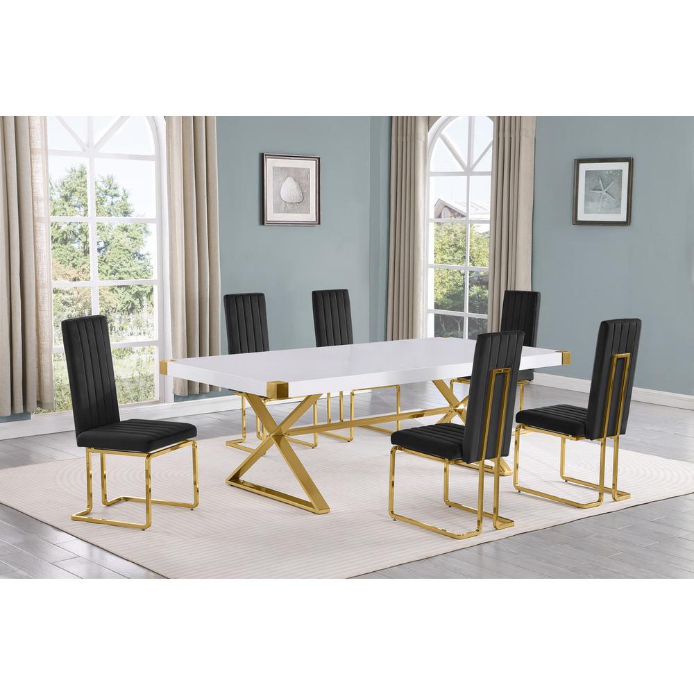 7pc Large(94″) white wood top dining set with gold base and 6 Black side chairs