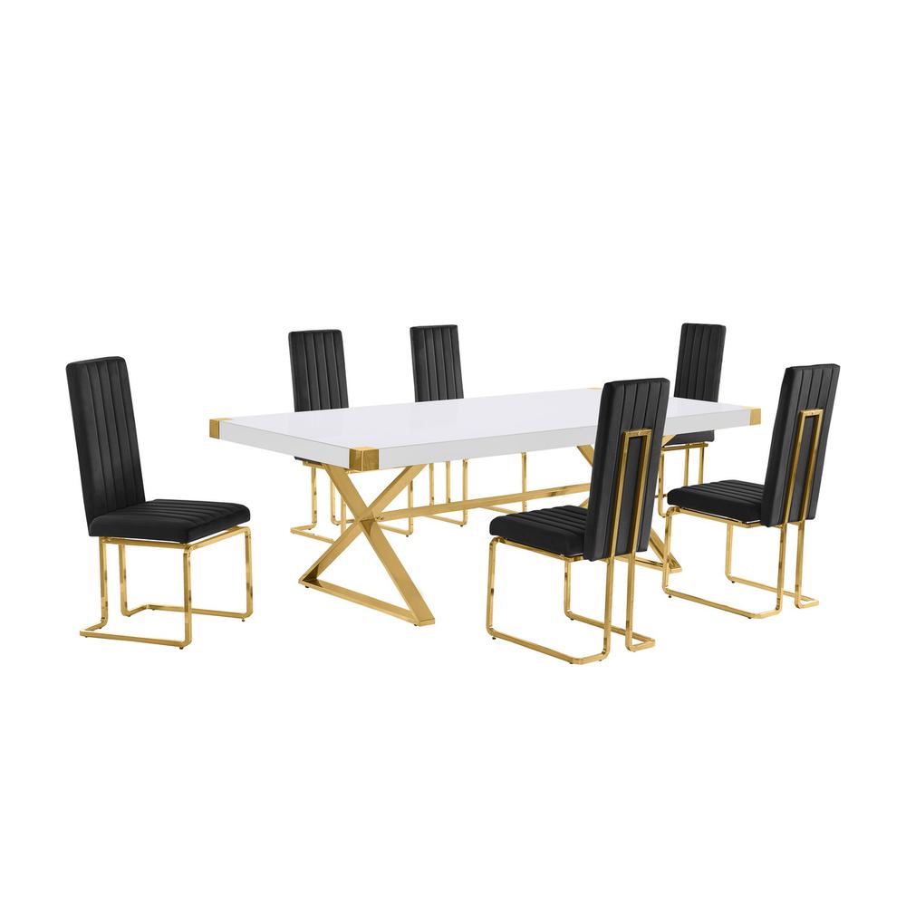 7pc Large(94″) white wood top dining set with gold base and 6 Black side chairs